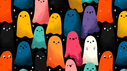 Cute colorful cartoon ghost seamless pattern on dark background