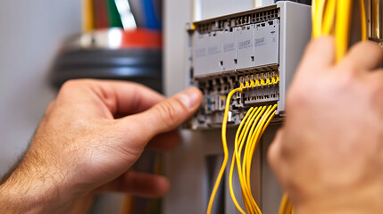 Wiring a panel. Engineer's hands connect yellow wires to a gray industrial panel. The close-up view shows precision in electrical work.