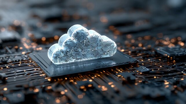A glowing, translucent cloud icon rests on a complex computer chip, symbolizing cloud computing and digital technology.