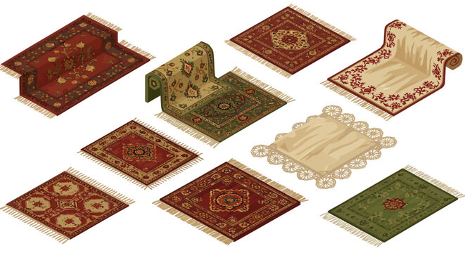 Diverse collection of traditional persian carpets in isometric style