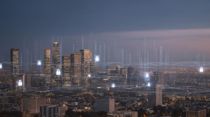 Expansive city skyline overlaid with glowing digital holographic locks, data grids, and protective shields, symbolizing data protection, secure communication in smart cities, encrypted