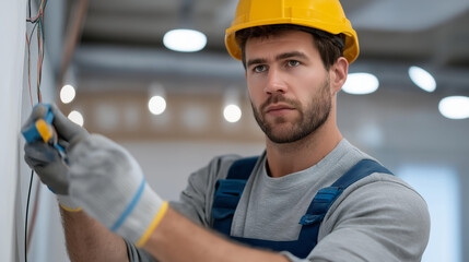 Professional electrician carefully installs new indoor electrical wiring inside walls and ceilings using insulated tools and gloves, symbolizing safe power distribution, reliable infrastructure,