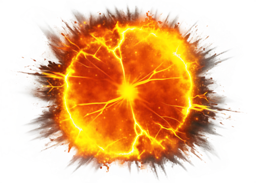 Bright orange and yellow energy burst with lightning isolated on a transparent background