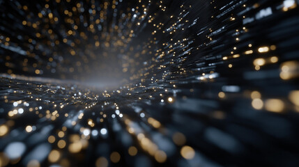 Dark digital tunnel filled with abstract glowing symbols stretching into infinity, representing cyber mystery, encrypted pathways, hidden networks, data secrecy, and the unknown architecture of