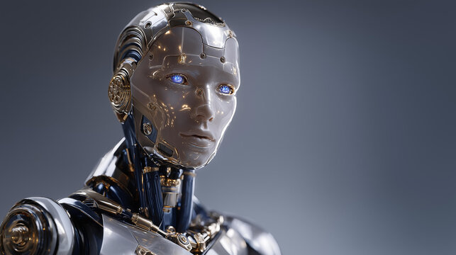 AI-generated portrait of a humanoid robot with reflective metallic plating, highly detailed mechanical face, and expressive eyes with digital depth, representing futuristic AI, cybernetic elegance,