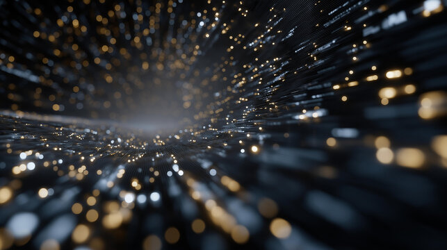 Dark digital tunnel filled with abstract glowing symbols stretching into infinity, representing cyber mystery, encrypted pathways, hidden networks, data secrecy, and the unknown architecture of