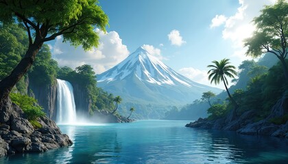 Vibrant tropical landscape featuring powerful waterfall cascading into clear blue lake. Snow-capped mountain peak rises majestically in background, rich green forest lines shore. Sunny day with