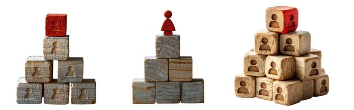 Three pyramids of stacked cubes with person icons on top, isolated on transparent background - Powered by Adobe