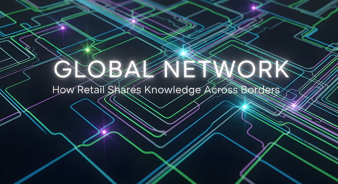 A vibrant digital network illustration with glowing lines and nodes, representing global connectivity and knowledge sharing in retail across international borders.