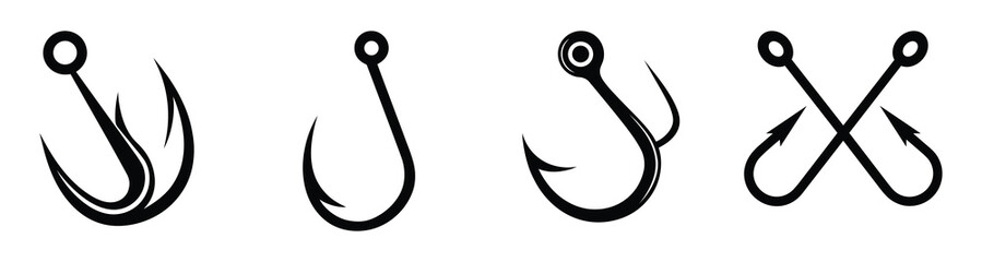 Fishing Hook Icon Set Collection in Black Silhouette Design
