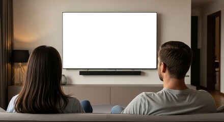 A couple relaxing on a comfortable sofa, watching a large blank white screen television in their modern living room, perfect for various display content Mockup designs and advertisement placements