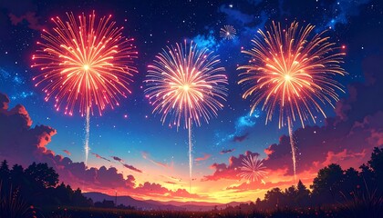 Vibrant anime-style illustration of a fireworks display exploding against a sunset sky with fluffy clouds. A silhouetted treeline is visible