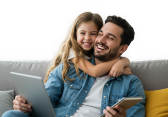 Happy father and daughter using tablet isolated on transparent background