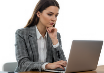 Young woman working on laptop isolated on transparent background in office