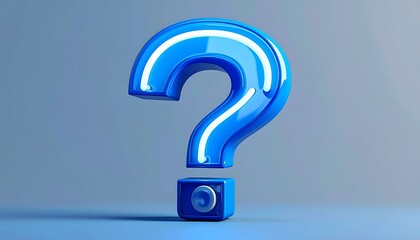 A rendered, glossy blue question mark, with a white neon-like outline and small cube base, centered on a gray background