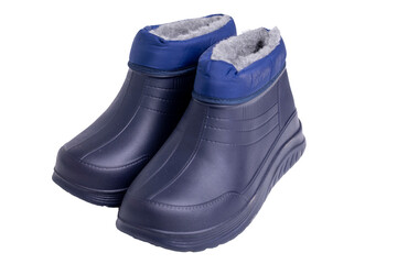 Pair blue waterproof rubber winter boots transparent background