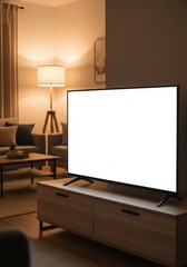 Modern living room featuring a large blank white screen television mockup on a stylish wooden cabinet, perfect for displaying content or advertisements in a cozy home setting