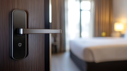 Hotel room with modern door handle and digital lock. Security and comfort in a relaxing room with a cozy bed and natural light.