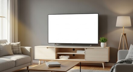Contemporary home entertainment setup with a minimalist design, showcasing a large smart TV with an empty white display mockup, ideal for product presentations or advertising