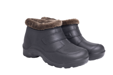 Pair of black winter boots with fur lining and velcro closure