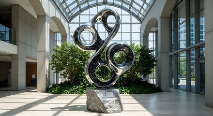A large, dark, abstract sculpture with circular elements stands prominently in a modern, sunlit building atrium with glass ceilings and lush green plants.