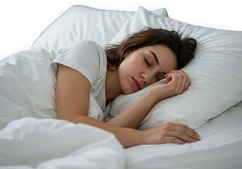 Peaceful woman sleeping in bed isolated on transparent background