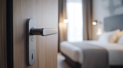 Hotel Room Door Open: A stylish door with a modern handle opens to reveal a comfortable hotel room with a plush bed and soft lighting.