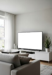 Front view of a sleek, modern television with an empty white screen in a cozy living room setting, offering a perfect template for advertising or app design mockups