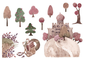 Autumn trees, Christmas trees, a coastal cliff, and a castle on a hill. Pastel colors. A set of isolated illustrations for your design