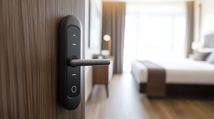 Digital door lock on partially open door leading into modern hotel bedroom. Smart technology for security and convenience in hospitality setting.