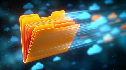 Digital data transfer concept with a bright, dynamic folder illustrating cloud storage, secure file sharing, and rapid information flow for modern business