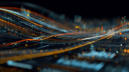 Abstract data visualization, flowing lines, digital transformation, bokeh city background, finance analytics