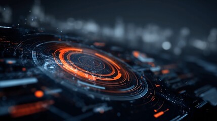 Dynamic futuristic data visualization with glowing orange and blue circular patterns, perfect for technology, innovation, and digital design projects needing a modern, sleek aesthetic