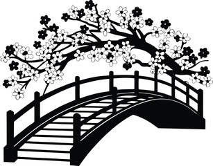 Cherry Blossoms Over Wooden Bridge Silhouette | Tranquil Floral Vector Design