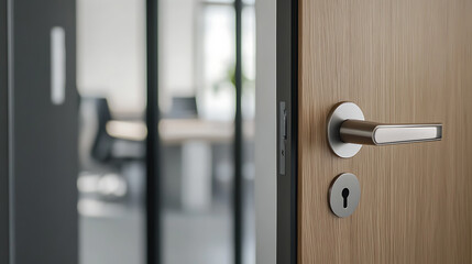 Fototapeta premium Office door detail showcases a textured wood finish and a modern, sleek metal handle, blending functionality with contemporary design elements.