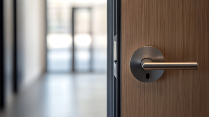 Obraz premium Ajar wooden door with metal handle, opening to blurred hallway, suggesting transition, privacy, and accessibility in contemporary interior design.