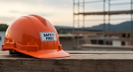 Orange Hard Hat on Wooden Plank at Construction Site for Workplace Safety