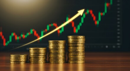 Rising Profits Stacks of Coins with an Upward Trending Chart Background Displayed