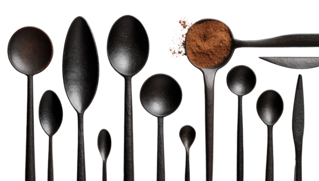 Dark, sleek spoons in various sizes, with cocoa powder