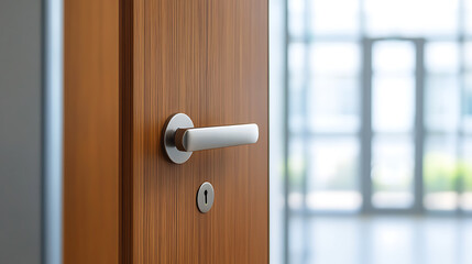 Obraz premium Stylish wooden door with a sleek metal handle, inviting a glimpse into a bright, airy space. Transition from room to room. Modern living concept