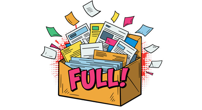 Overflowing box of documents with vibrant comic style design