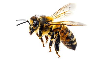 Honeybee in flight against white