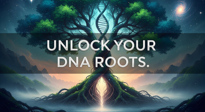 A mystical tree with a DNA helix trunk and glowing roots, set against a cosmic landscape, symbolizing genetic heritage and discovery.