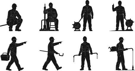 Plumbing workers silhouettes with hard hats, pipe wrench, threading machine, toolbox, industrial labor, safety, teamwork, construction, repair, maintenance, installation
