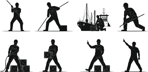 Dock workers silhouettes with cargo handling, maritime labor, port operations, shipping industry teamwork, rope pulling, sweeping, signaling, directing, industrial logistics