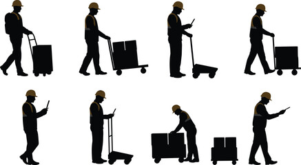 Logistics workers silhouettes with safety helmets, warehouse staff handling packages, delivery service teamwork, cargo management, shipping, distribution, supply chain operations