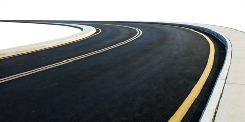 Curved asphalt road with yellow lines isolated on a transparent background .PNG,AI GENERATED
