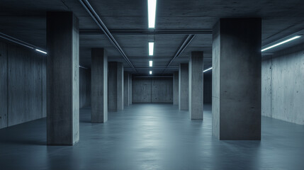 Minimalist impossible basement photographed in architectural style, featuring concrete pillars, cold lighting, and surreal perspective creating an infinite underground space illusion.