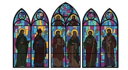 Stained Glass Saints: A vivid display of stained glass art, depicting several figures in a spectrum of colors and geometric precision. The intricate composition evokes feelings of reverence.