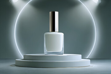 Elegant White Nail Polish Bottle mockup on Podium stage product photography